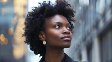 ein Nahansicht Porträt von ein schwarz Frau ihr Ausdruck bereit und entschlossen wie sie sieht aus aus in das Distanz. ihr modern Leistung Outfit und Fett gedruckt Zubehör symbolisieren ihr Bereitschaft zu foto