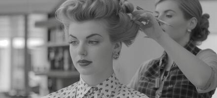 im ein glatt und modern Salon Raum ein gewidmet retro Haar Stylist setzt das Fertigstellung berührt auf ihr Kunden Bienenstock Hochsteckfrisur. sie trägt ein vintageinspiriert Bluse und hoch tailliert Hose foto