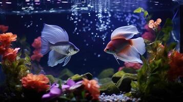 im diese romantisch Aquarium, zwei herzförmig Panzer sind in Verbindung gebracht durch ein Tunnel, mit Schulen von Engel Fisch Schwimmen durch, Erstellen ein verträumt Wasser- Einstellung. foto