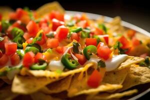 ein verlockend von oben nach unten Schuss von köstlich Nachos, mit ein bunt Medley von frisch gewürfelt Tomaten, beschwingt Grün Zwiebeln, und duftend gehackt Jalape os alle harmonisch eingebettet auf ein Bett foto