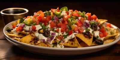 ein beschwingt Teller von Vegetarier Nachos, Sprengung mit Aromen und Farben. jeder Chip ist geschmückt mit ein Mischung von geschmolzen Pfeffer Jack und Mozzarella Käse, mit jeder beißen Angebot ein foto