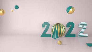 Frohes neues Jahr 2022. 3D-Zahlen mit geometrischen Formen und Weihnachtskugel. 3D-Rendering.