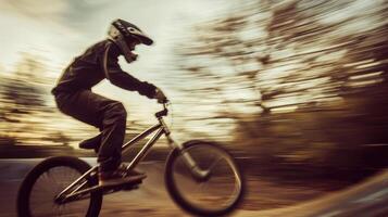 ein dramatisch Schuss von ein bmx Fahrer gefangen im in der Luft, mit das Hintergrund verschwommen zu betonen das Geschwindigkeit und Beweglichkeit von das Fahrer. foto