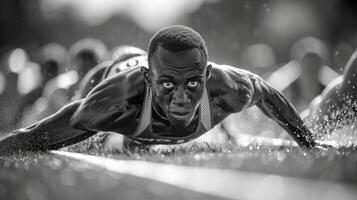 Fokus und Entschlossenheit geätzt im jeder Linie von ein Sprinter Gesicht wie Sie bereiten zu explodieren aus von das beginnend Blöcke foto