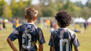 zwei jung Fußball Spieler tragen passend Trikots Stand Schulter zu Schulter auf ein Feld. Rücken sind zu das Kamera aber Körper . foto