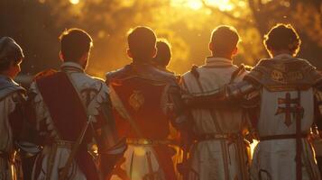 wie das Sonne setzt auf das Turnier Turnier ein Gruppe von Ritter Stand mit Rücken zu das Kamera Waffen verknüpft im Kameradschaft. . foto