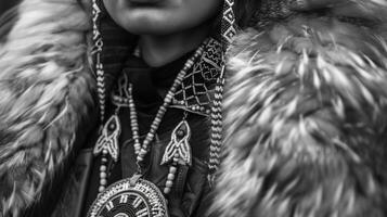 ein atemberaubend schwarz und Weiß Porträt von ein Frau eingewickelt im ein luxuriös Pelz Mantel geschmückt mit Perlen Muster und ein Traumfänger Anhänger. sie strahlt aus ein Sinn von Eleganz und kulturell foto