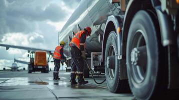 ein Mannschaft von Ingenieure Arbeiten auf ein Runway Füllung oben ein groß Tanker LKW mit Biotreibstoff. das LKW hat ein sauber Energie Flugzeug Auftanken Zeichen auf das Seite. foto