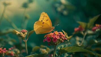 gegen ein Hintergrund von üppig Grün und Wildblumen ein schön Gelb Schmetterling ruht auf ein hell Rosa Blume in der Nähe ein Biotreibstoff Plantage Webstühle im das Hintergrund. foto