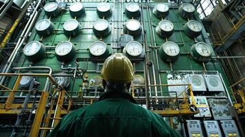 ein Arbeiter steht im Vorderseite von ein groß Steuerung Panel Überwachung verschiedene Messgeräte und Zifferblätter wie ein mit Biokraftstoff betrieben Generator summt ständig im das Hintergrund. foto