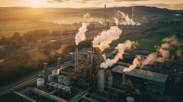 im ein malerisch Landschaft Rahmen ein Biotreibstoff Fabrik steht hoch mit es ist hoch aufragend Schornsteine emittieren nichts aber transparent Dämpfe. diese ist gemacht möglich durch das fortgeschritten Kohlenstoff foto