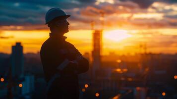 ein Silhouette von ein Architekt Stehen gegen ein Stadt Horizont Waffen gekreuzt und Kopf gekippt wie Sie geistig visualisieren das fertig Produkt von ihr Strom Konstruktion Projekt. foto