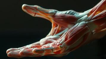 das sehnig Muskeln von das Hände und Finger sind hervorgehoben durch das gerichtet Licht präsentieren ihr Geschicklichkeit und Stärke. foto