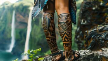 ein Stammes- Design Kaskaden Nieder ihr Bein hervorrufen ein Sinn von Stärke und kulturell Erbe. foto