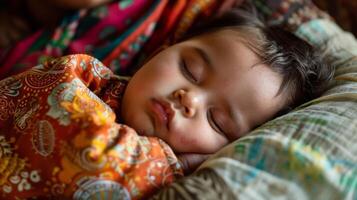 ein Neugeborene Baby schläft solide ihr winzig Körper zusammengerollt oben im das Gauner von ihr Mütter Arm. ihr Gesicht ist friedlich mit ein leicht Schmollmund auf ihr Lippen wie sie Träume im ihr Mütter warm umarmen. foto