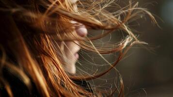 das sanft schwanken von ein Personen Haar im das Wind porträtiert ein Sinn von Flüssigkeit und Bewegung ähnlich zu das natürlich Ebbe und fließen von das Elemente um uns. foto