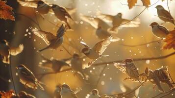 ein Herde von Vögel nimmt Flug von ein in der Nähe Baum erschrocken durch das laut Lärm und Licht von das Abfackeln Gas foto