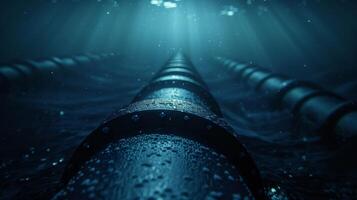 unter Wasser Aussicht von das Pipeline verschwinden in das Dunkelheit von das Ozean Tiefe foto