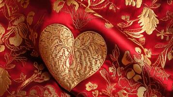 ein Reich und luxuriös Brokat Stoff mit ein gewebte Herz Design im Schatten von Gold und Rot, Hinzufügen Eleganz und Opulenz. foto