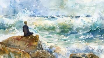 ein Aquarell Gemälde von ein Person meditieren auf ein Felsen durch das Ozean mit stark Winde und abstürzen Wellen im das Hintergrund. diese Bild erfasst das Idee von finden innere Frieden und foto