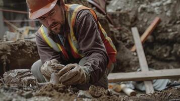 ein Konstruktion Arbeiter vorsichtig Stäube aus ein uralt Waffe gefunden begraben unter das Konstruktion Seite? ˅ bringen ein Stück von Geschichte zurück zu Leben foto