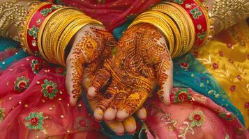 ein Nahansicht von beschwingt Henna Designs auf Hände ein Beliebt Tradition während Diwali wann Frauen verschönern sich zum das Feierlichkeiten foto