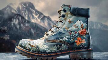etwas Designs Übernehmen Elemente von Natur mit Vögel Blumen und Berge schmücken das Stiefel foto