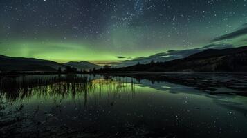 das Nacht Himmel Farbtöne anmutig gespiegelt durch ein abgelegen See im das Mitte von das Nord Beleuchtung foto