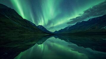 ein heiter Seen Betrachtung perfekt Spiegel das wirbelnd Muster von das Nord Beleuchtung über foto