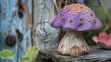 ein wunderlich Darstellung von ein Pilz mit wunderlich Polka Punkte und ein hell lila Farbe foto