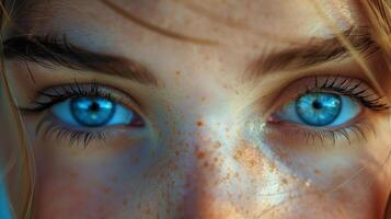 schließen oben von Blau Augen mit Sommersprossen foto