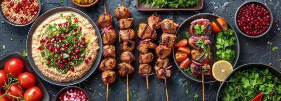 Mitte östlichen Fest mit gegrillt Fleisch Spieße, Hummus, und Salate foto