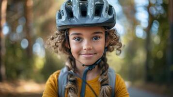 jung Mädchen Reiten Fahrrad im Wald während Sommer- foto