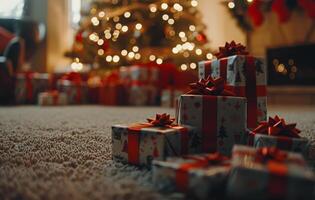 ein Gold Geschenk Box mit rot Band unter ein Weihnachten Baum foto