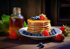 Stapel von Pfannkuchen mit frisch Beeren und Sirup auf hölzern Tabelle foto