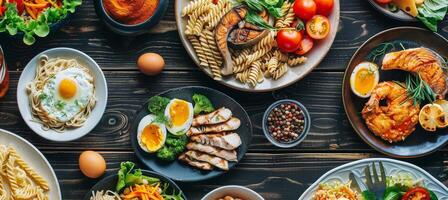 köstlich und vielfältig Abendessen Platten mit Pasta, Fisch, Eier, und Salat auf hölzern Tabelle foto