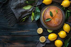 frisch gebacken Zitrone Kuchen mit Zitrone Scheiben und Blätter auf Blau Holz Tabelle foto