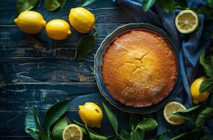 frisch gebacken Zitrone Kuchen mit Zitrone Scheiben und Blätter auf Blau Holz Tabelle foto