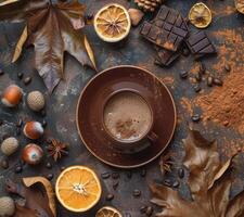 warm Schokolade trinken mit herbstlich Umfeld foto