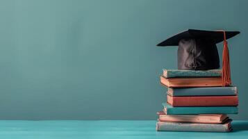 Abschluss Deckel, Bücher, und Brille auf ein Blau Schreibtisch foto