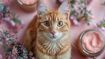 Orange Tabby Katze suchen oben beim Kamera mit Rosa Blumen auf ein Rosa Hintergrund foto