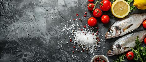 frisch Fisch, Tomaten, Zitronen, Knoblauch, und Pfeffer Zutaten foto