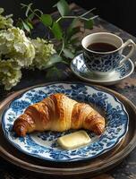 Blau und Weiß Teller mit Croissant und Tasse von Kaffee foto