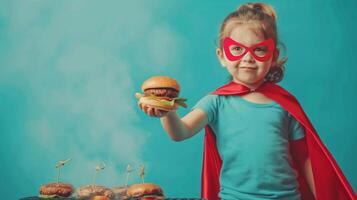 ein Kind tragen ein Superheld Kap Grillen Mini Burger, Licht Blau Gradient Hintergrund foto