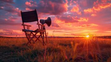 Silhouette von ein Direktoren Stuhl und Megaphon gegen ein Sonnenuntergang, dramatisch Wolken im das Hintergrund foto