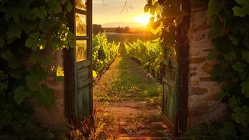 perfekt Foto, Lager Foto Stil ein Geheimnis Garten Tür Das öffnet zu ein üppig, versteckt Weinberg Hosting ein Wein Verkostung beim Sonnenuntergang