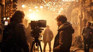 breit Winkel Schuss von ein Film Direktor Regie Schauspieler im ein dramatisch Szene foto