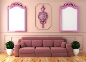 Leere Luxuszimmereinrichtung mit rosa Sofa in rosafarbener Zimmerwand auf Holzboden. 3D-Rendering foto