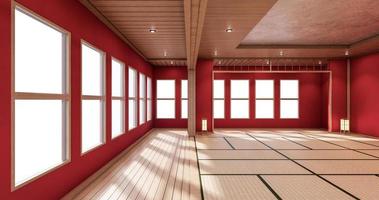 die Innenfarbe roter Raum mit Tatami-Mattenboden. 3D-Rendering foto