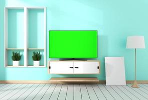 Smart-TV mit leerem grünem Bildschirm, der am Schrankdesign hängt, modernes Wohnzimmer mit Minzwand auf weißem Holzboden. 3D-Rendering foto